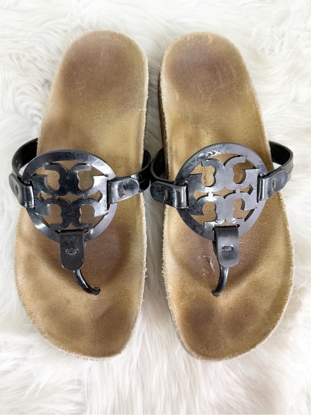 Tory Burch Miller Cloud Sandals Black Logo Thong Sandals Size 6.5